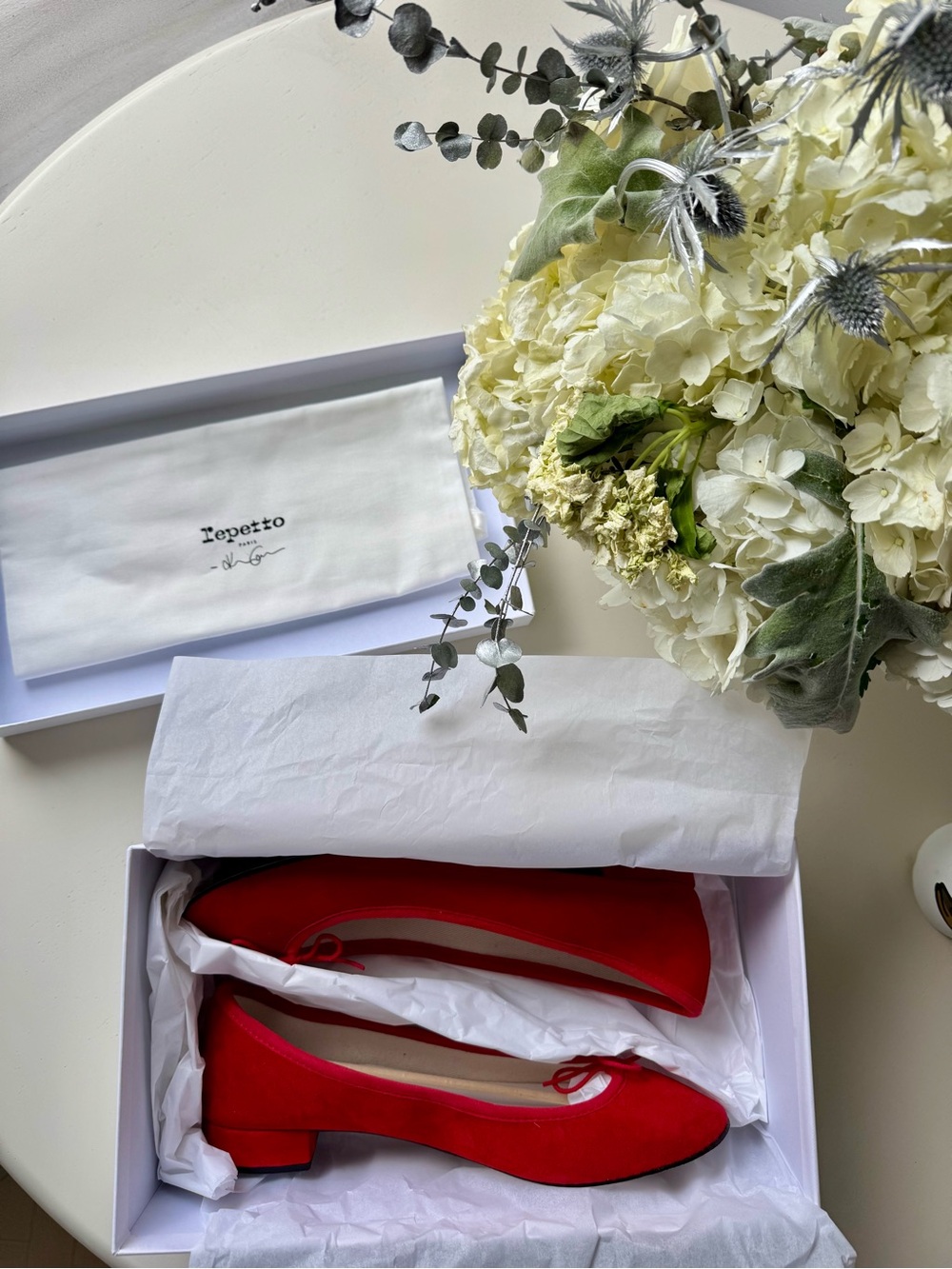 Repetto Red Suede Low Block Heel Ballet Pumps